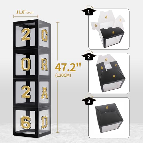 Image of Party Spot！2026 Black and Gold Graduation Party Decorations,124 PCS Graduation Decorations Class of 2026，4 PCS Balloons Boxes with LED Light String & Letters 2026 GRAD So Proud of You