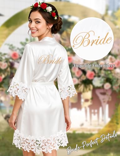 EPLAZA Bride Robe for Wedding Day Set Bridal Robe with Bride Sash Lace Trim Silky Embroidery Satin Kimono for Bridal Party (White, LXL) - Thumbnail 2