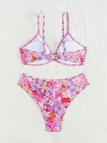 Image of Fanuerg Women's Triangle Bikini Sets O Ring Linked Two Piece Swimsuits Floral Printed Cheeky Bathing Suit