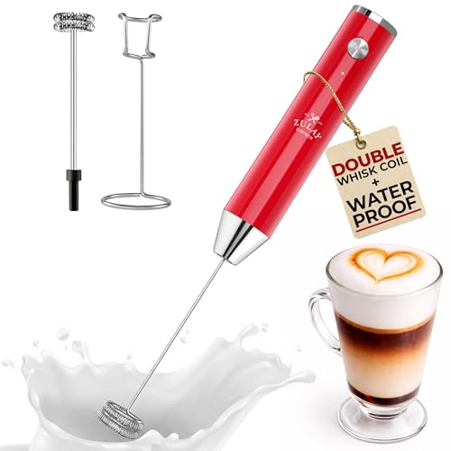 Image of Zulay Kitchen Rechargeable Milk Frother Handheld - Frother Wand, Drink Mixer, Electric Whisk Frother, for Cappuccinos, Matcha & Protein Powder - Lux Double Whisk 2 Speed Waterproof 2000mAh Red