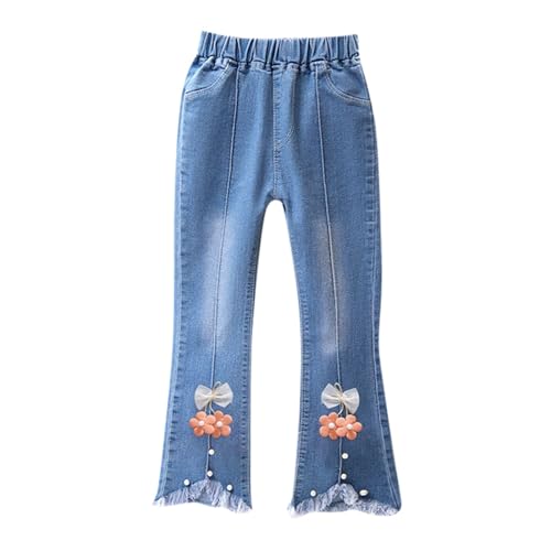 Girls Pearl Bow Knot Denim Jeans Elastic Waist Stretchy Raw Hem Bell Bottom Jeans Cute Y2K Jean Trousers with Pockets2