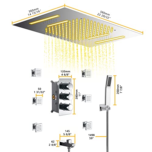Sistema de ducha Cascada Luxury 15”x23” con música y LED, altavoces Bluetooth integrados, 4 funciones (lluvia, cascada, jets corporales y ducha de mano) acabado en oro cepillado miniatura 3