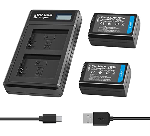 2-Pack 2000mAh NP-FW50 Battery and Dual LED Display Battery Charger, ...