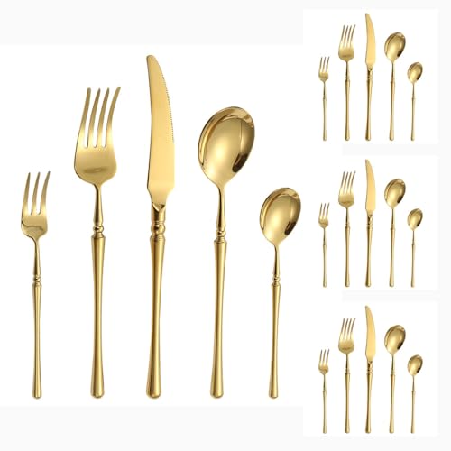 Bright Light Handle Kitchen Stainless Steel Silverware Tableware Flatware Cutlery Set Steak Knife Fork Spoon Teaspoon (Gold,20 pieces)