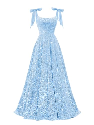 Spaghetti Straps Sparkly Sequin Prom Dresses 2025 Long Bow A-Line Formal Ball Gowns with Pockets RA060