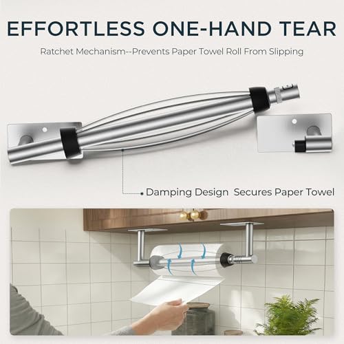 Image of FORIOUS Paper Towel Holder Under Cabinet, Single Hand Operable with Adjustable Damping for Easy Tear, Adhesive or Drill Wall Mount,304 Stainless Steel Commercial Paper Towel Holder for Kitchen, Silver