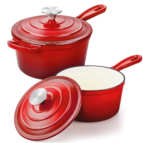 Emaillierte Gusseisen-Saucenpfanne, Leonyo 1 Qt & 2 Qt Stielkasserolle Set, Gusseisen, Dutch Oven Küche, kleine Töpfe für alle Herdarten zum Kochen von Nudeln, Milch, Haferflocken – bis zu 260 °C
