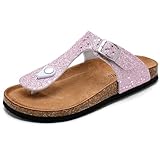 Torotto Kids Thongs Flip Flops Pink Glitter Upper Girls Sandals Open Toe Buckled Cork Slide Sandals (Pink Glitter,35)
