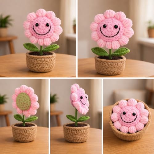 Image of 14CM Height Handmade Crochet Smiling Flower Pot for Home & Office Decor, Cute Aesthetic Desk Showpiece, Positive Vibes Table Decor, Thoughtful Gift for Friends & Loved Ones (Joy Bloom Pink)