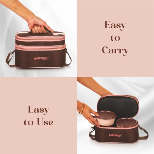 Image of WARMEO Micro Meal Microwave Safe Lunch Box | 1 Rectangular Container 600ml + 2 Round Containers 350ml Each + 2 Round Container 250ml Each + 1 Spoon + 1 Fork,Stylish Durable Jacket,Office,School,Brown