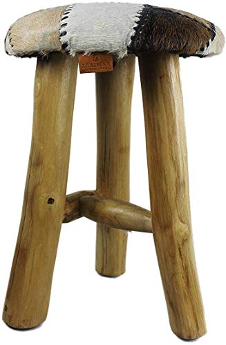 Zerimar Taburete Madera de Teca | Forrado Piel de Cabra Natural | Medidas: 30x30x45 cms |Taburete Pie de Cama | Taburetes Bajos | Taburetes Madera Vintage (Blanco y Marron Claro)