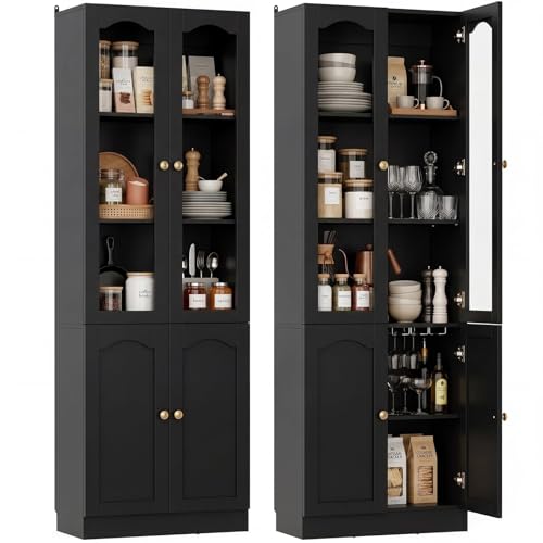 Image of Cyclysio 80 inch Tall Pantry Cabinet with 4 Doors, Black Kitchen Pantry Storage Cabinet with Built-in Baseboard Notch & Adjustable Shelves - Kitchen Storage Cabinet for Dining, Living Room, Office