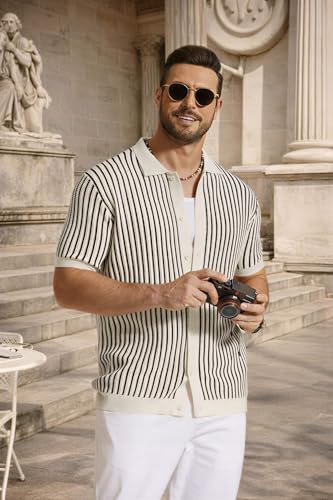 Image of COOFANDY Mens Knit Button Down Shirts Short Sleeve Polo Shirt Vintage Striped Casual Shirts
