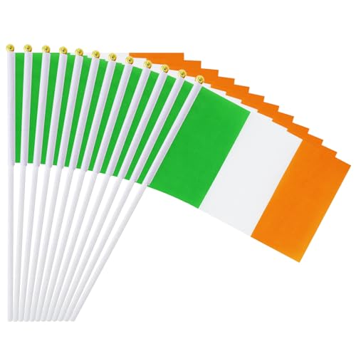 12 Pack Irish Flags on Stick, 5.5 x 8.2 Inch Small Ireland Handheld Flags for Parade Handouts, Cultural Events, National Day, School Activities and Celebrations
