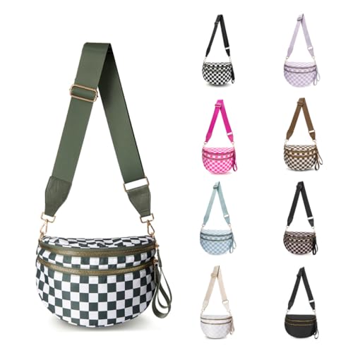 FICONEO Crossbody Bags Bum Bag for Women Large Sling Bag Purse with Adjustable Strap (Bean Green Checkered)