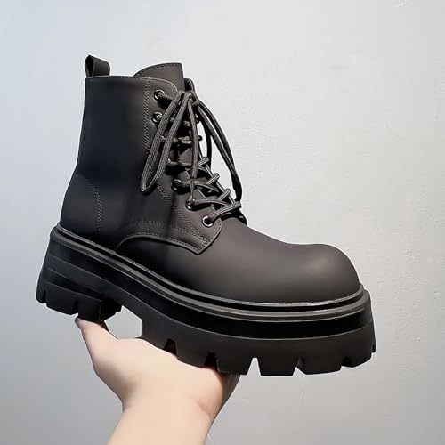 Men's Black Leather Platform Lace-Up Ankle Boots Fashion Round Toe Side Zipper High Top Boots Comfort Non Slip Streetwear Booties2