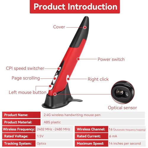 Miniatura 2 de Agatige Lápiz Óptico Inalámbrico Usb, Lápiz Óptico Para Computadora Piezas De Pc Ratón Inalámbrico 2.4g Tipo De Lápiz Vertical Innovador Personalizado Rojo