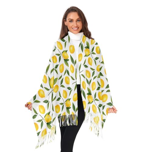 VIGTRO Watercolor Lemon and Leaves Women Wrap Pashmina Shawl, Fruit Pattern Winter Warm Long Scarf with Tassels for Evening Dress & Wedding