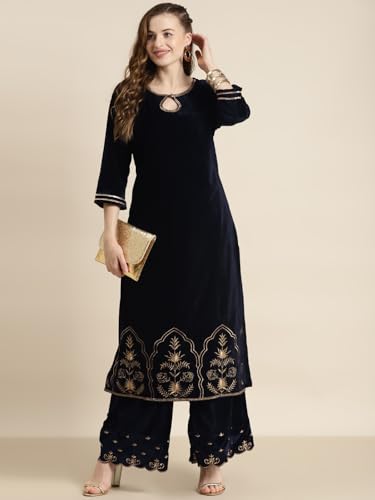 Image of Women's Velvet Hem Zari Embroidered Kurta