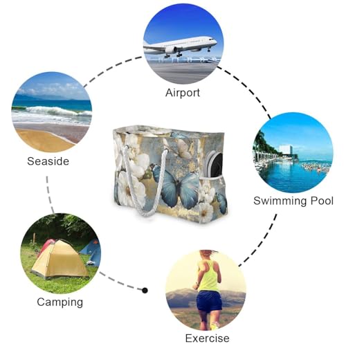 Butterfly Floral White Beach Bag for Women Large Beach Tote Bag Zipper for Swim Gym Travel Daily 5
