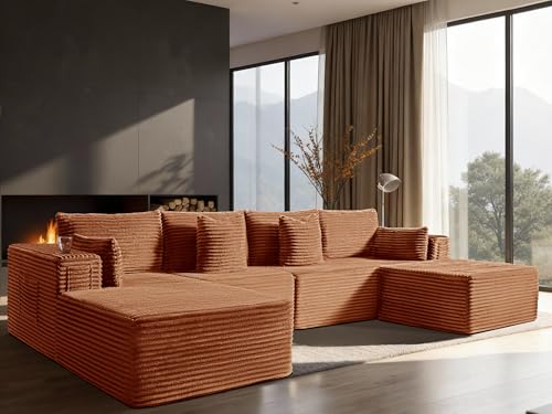 Image of 138 inch Cloud Sectional Couch, Comfort U Shaped Boneless Couch for Living Room, Extra Deep Seats No Assembly, Minimalist Modular Sofa, Corduroy (Deep Orange, 3 Seater+Left Facing Chaise+Ottoman)