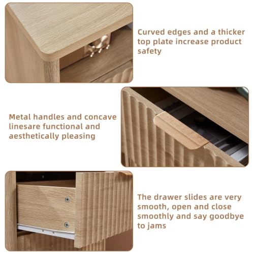Image of LEYAOYAO Fluted Nightstand Set of 2 with Charging Station,23 inch Modern Nightstand with Wood Grain Top, 2 Drawer End Table w /Storage, BedsideTable for Bedroom, Living Room, Natural