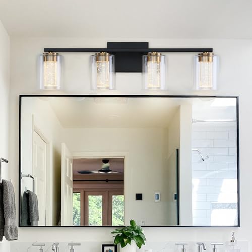Image of 4-Light Black Bathroom Light Fixture, Dimmable 5CCT Black and Gold Bathroom Vanity Lights, 2700K-6500K Modern Crystal Bubble LED Wall Sconce Over Mirror with Clear Glass