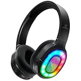Fones de ouvido Bluetooth com luz LED, com microfone estéreo, fones de ouvido sem fio dobráveis, para viagens de jogos/escritório em casa/PC/celular (Preto)