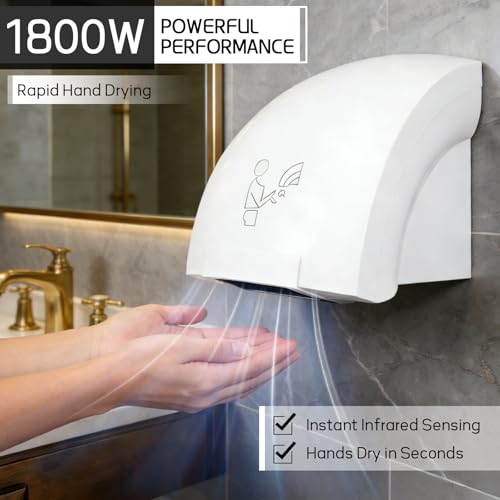 JAOGAUS 1800W Automatischer Händetrockner, Wandmontierter Elektrischer Handtrockner, Schnelles Trocknen, Niedriger Geräuschpegel, Heiß- & Kaltluft, Bohrfreie oder Bohroption für Büro & Restaurant