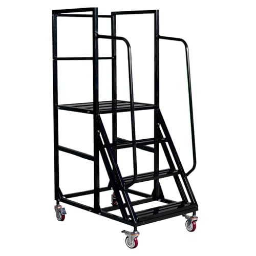 Image of Rolling Ladder with Wheels, Mobile Rolling Stairs with Handrail for Industrial Warehouse, Rolling Steps Ladder with Fence, for High Shelf Aisles, Warehouses, Supermarkets, Libraries (Black, 4 Steps)
