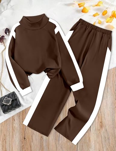 Image of AGAPENG Girls Clothes 2 Piece Outfits Turtleneck Sweatsuit Fleece Colorblock Sweatshirt Wide Leg Sweatpants Fall Winter Sets