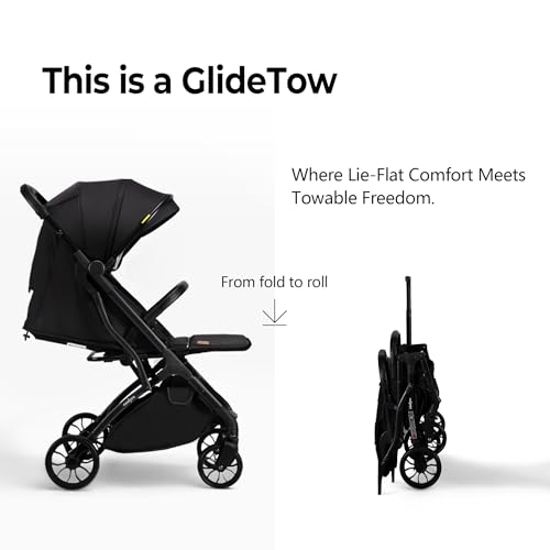 Image of newyoo GlideTow TR18M Travel Stroller, Compact Foldable Baby Stroller with Retractable Handle and Cup Holder, One-Hand Fold, Near Flat Recline Seat, Black