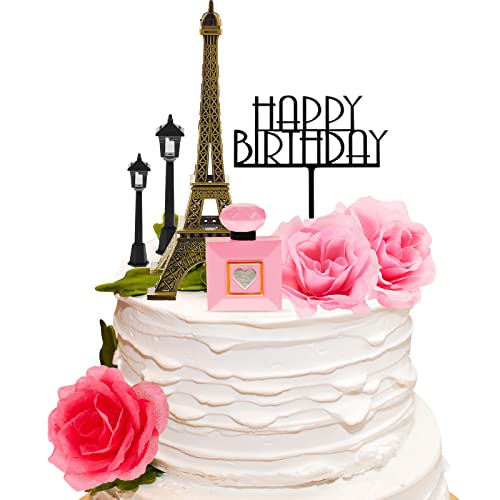 8 Pcs Paris Cake Topper Eiffel Tower Cake Topper with Happy Birthday Street Lamp Rose 7 Inch Eiffel Tower Party Decoration for Birthday Celebration Gift(Morden Color)