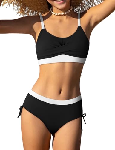 Image of Gaupafmb Girls Bikini 3PCS Swim Sets Color Block Crop Top Briefs with Shorts for 7-16 Years