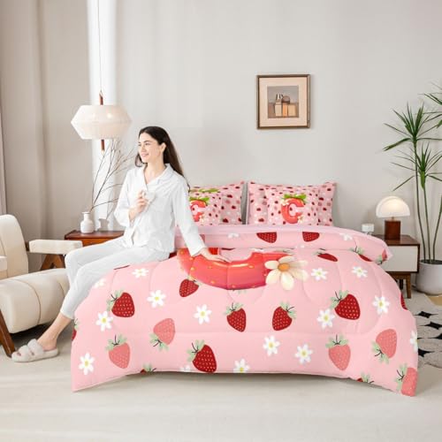 Image of Feelyou Girls Pink Red Strawberry Comforter Set with Sheets 7 Piece Queen Size Initial Letter C Bed in a Bag Kids Princess Strawberry Bedding Set Bedroom Decor Breathable Soft Lightweight Microfiber