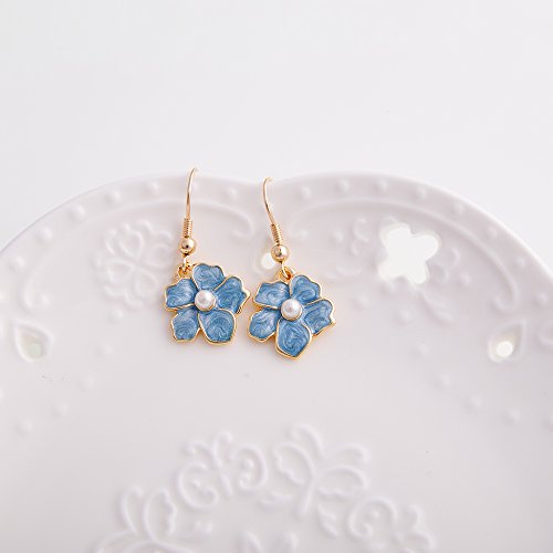 Tiny Myosotis Forget Me Not Flower Charm Dangle Earrings Wedding Gift 3 Tone (Purple Gold)2
