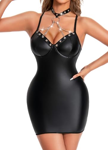 EVELIFE Damen Sexy Lederkleid PU-Leder Minikleid Rückenfrei Figurbetontes Bodycon im Punk Wetlook, Mit Choker & Ketten, Clubwear, Partykleid für...