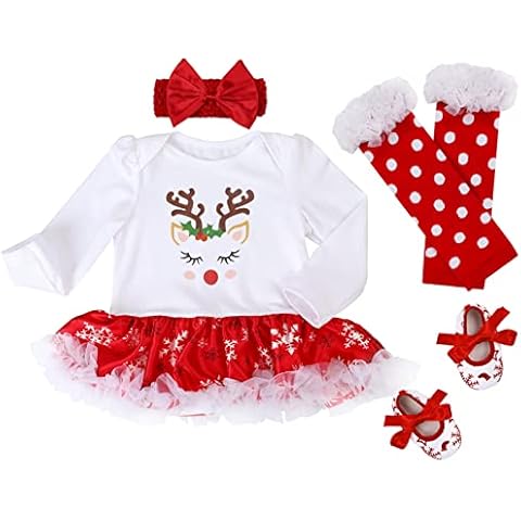 MOMBEBE COSLAND Baby Girls Christmas Outfits Elk Tutu Dress Newborn Skirts Clothes Romper Clothing Set 0-3 Months White Cover
