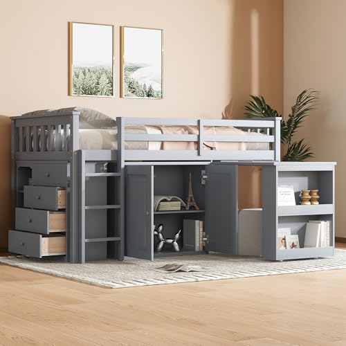 BEDGJH Twin Loft Bed with Storage Cabinet, Drawer, Shelf Cabinet and Pulling-Out Desk, Low Loft Bed Twin for Kids Twin Loft Bed with Safety Guardrail and Ladder (Grey)