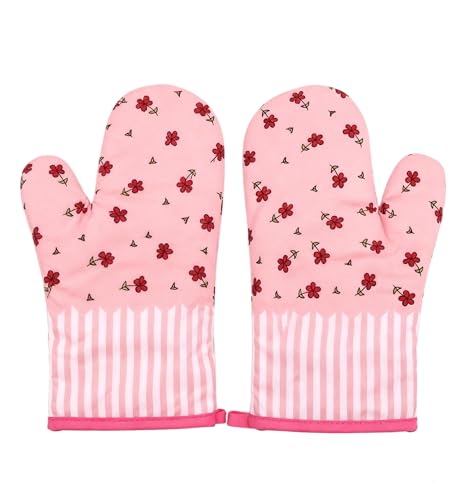Pink Oven Gloves, Pink Kitchen Accessories, MINWEGI Heat Resistant Oven Mitts, 2PCS Flower Pattern Cotton Oven Gloves for Baking, Cooking, BBQ, 25.5x16cm