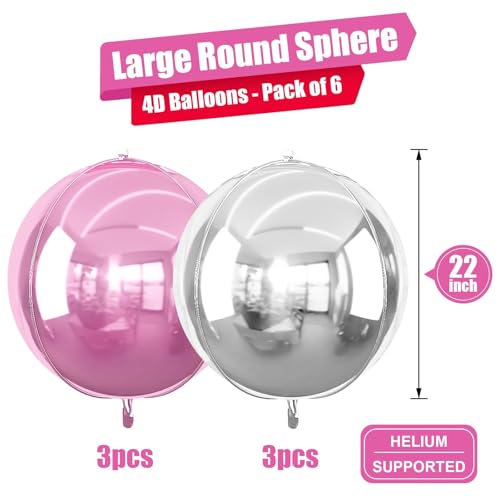 Image of Pink Silver Round Foil Balloons Birthday Prom Decor 22 Inch 6 Pcs | Metallic Pink and Silver 4D Helium Ball Balloons for Girls Anniversary Baby Shower Wedding Party Backdrop Decorations