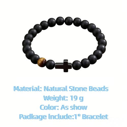 Pulsera para hombre con cruz, piedra natural negra y ojo de tigre miniatura 2