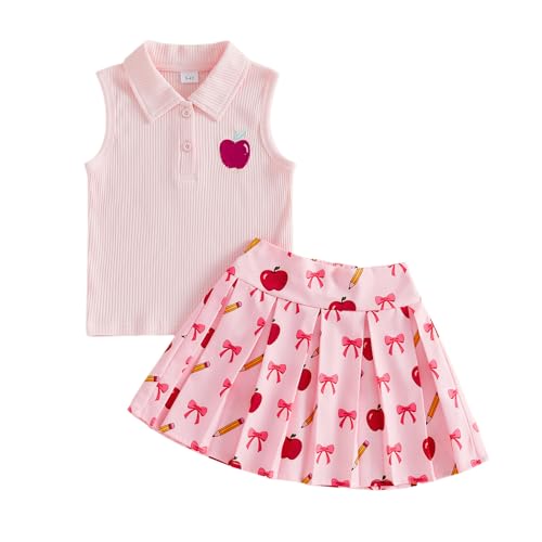 Image of BeQeuewll Back to School Toddler Girl Outfit 2Pcs Knit Top Pleated Skirt Set Girls