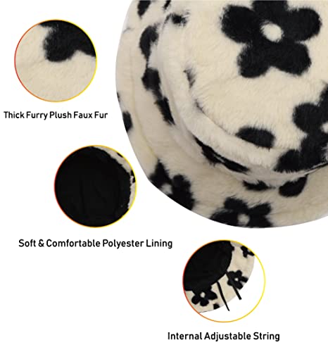 Image of Bucket Hat Women Furry Fuzzy Bucket Hats for Ladies, Winter Warm Fluffy Plush Faux Fur Hat for Women