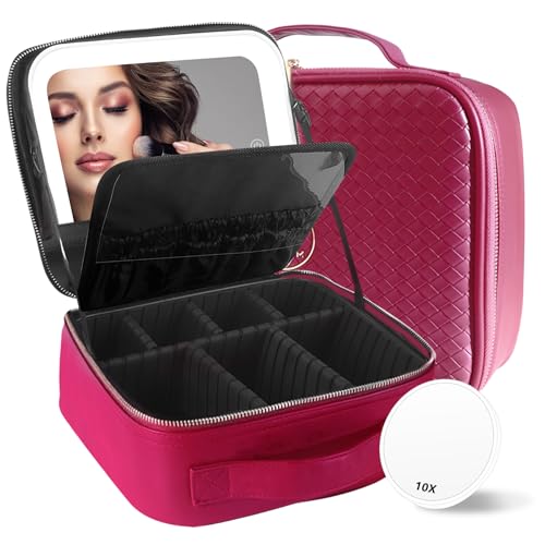 Image of MOMIRA Travel Makeup Bag Cosmetic Bag Makeup Organizer Bag with Lighted Mirror, Adjustable Brightness in 3 Color Scenarios, Waterproof Makeup Train Case, Gift for Women - Rose Red(Woven)