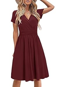 STYLEWORD Damen Sommerkleid Kurzarm V-Ausschnitt kleider Einfarbig kleid Strandkleid Mit Taschen(Dunkelrot, Mittel)