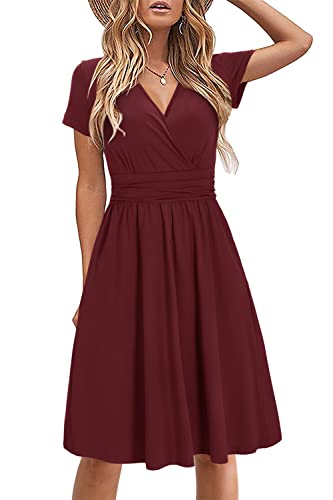 STYLEWORD Women's Summer Dress Short Sleeve V-Neck Sundress Dark Red Wrap Waist Casual Dress with Pockets(Dark Red,XX-Large)