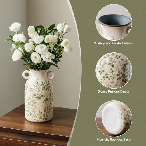 Image of Ceramic Flower Vase | Green Rustic Farmhouse Vase with Handles for Home Decor, Vintage Floral Tuscan Vase for Living Room & Kitchen, Mantel & Bookshelf, Centerpieces, Entryway, Wedding(9.1 Inch)