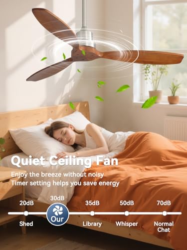 Image of Sofucor Ceiling Fan no Lights, 52 Inch Modern Wood Ceiling Fan with Remote, 3 Wooden Blades and 3 White Downrods, for Indoor Bedroom Living Room Outdoor Patio Porch, Reversible DC Motor, Brown