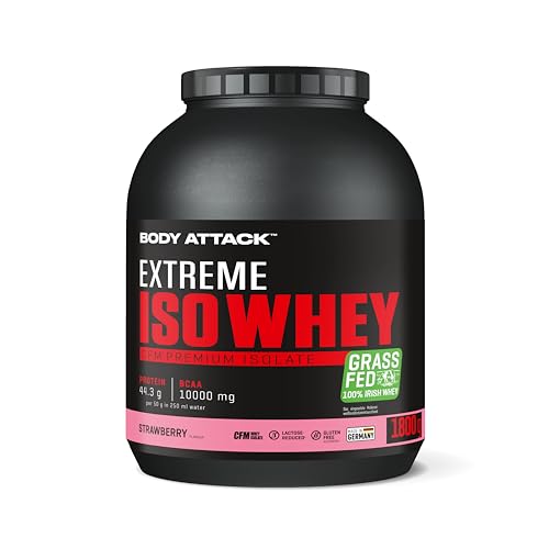 Body Attack Extreme Iso Whey, Strawberry, 1,8 kg - Whey Protein Pulver zum Muskelaufbau aus 100% irischer Weidemilch, fettarmes Eiweißpulver ohne Aspartam